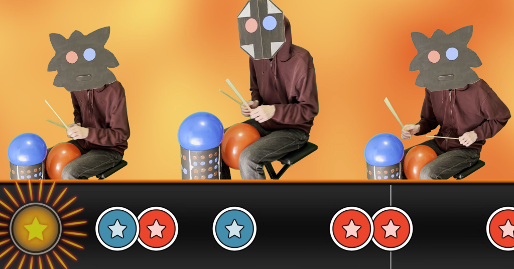 Three Timponies playing to a beatmap on balloon drums